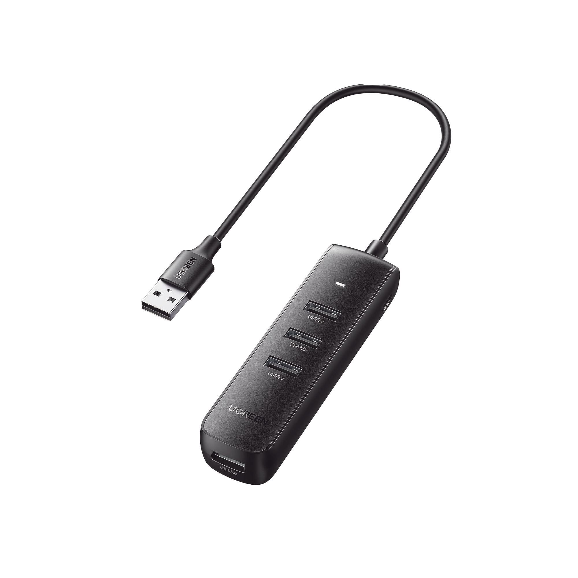 HUB USB-A 3.0 4 en 1 - 4 Puertos USB-A 3.0 (5Gbps) - Cable de 25 cm - Indicador Led - Ideal para Transferencia de Datos - Entrada USB-C para alimentar equipos de mayor consumo como discos duros - Color Negro.