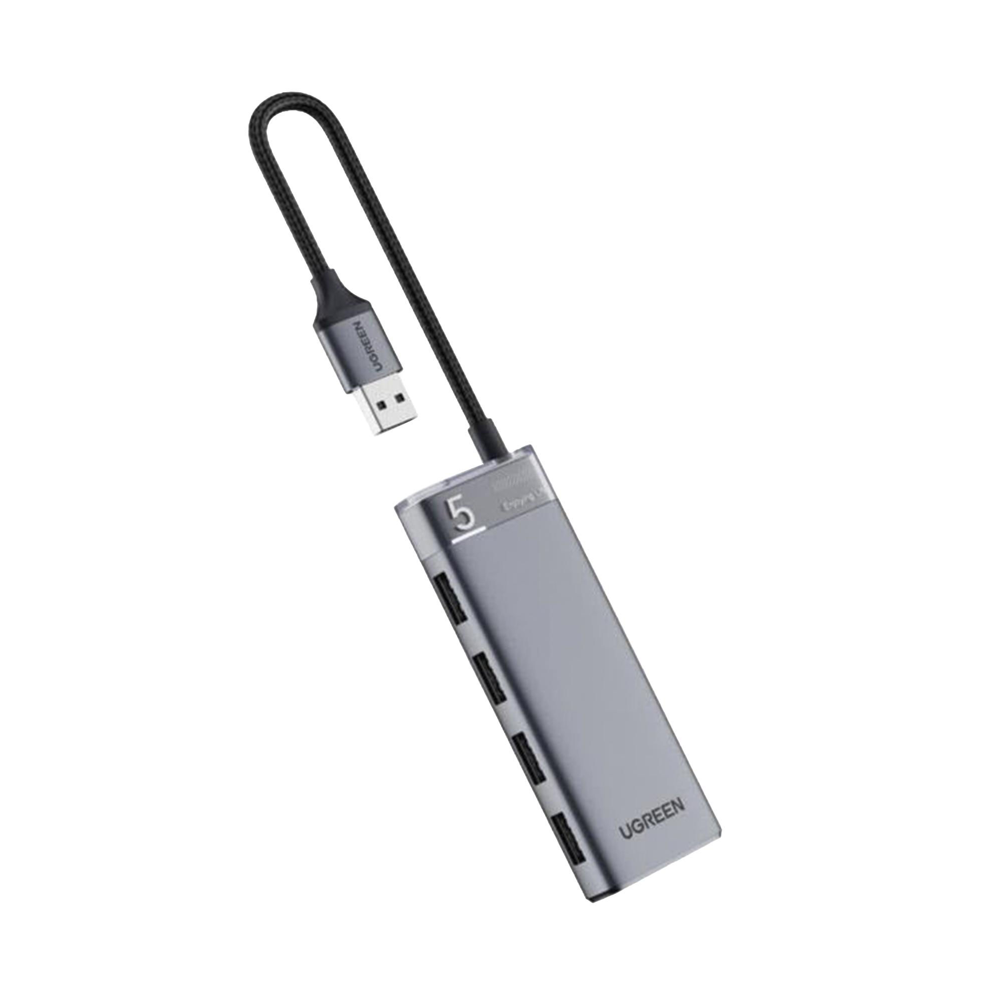 HUB USB-A 3.2 Gen1 4 EN 1 - 4 Puertos USB-A (5Gbps) - Carcasa ABS + PC - Soporta OTG - Luz Indicadora LED - Cable de Nylon Trenzado de 20cm (Mas de 20000 flexiones) - Interfaz Niquelada - Color Gris Metalizado.