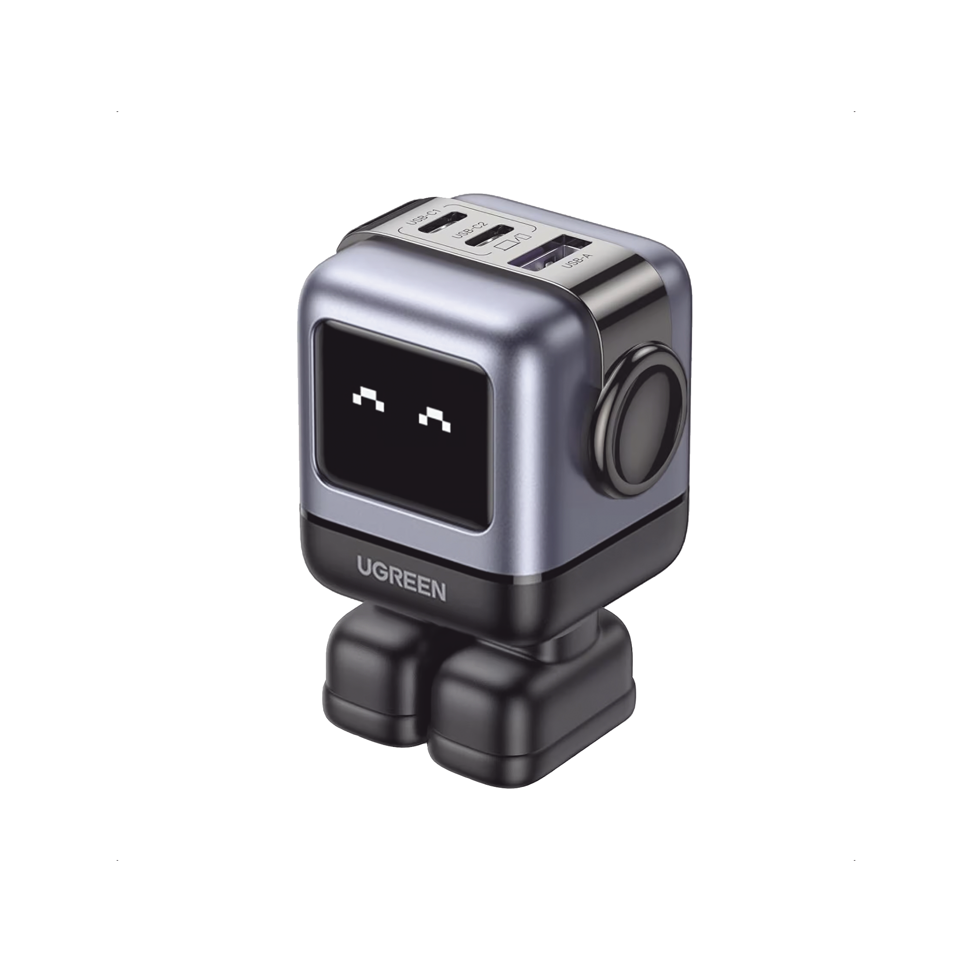 Cargador RobotGaN de 65W Serie UNO - 3 Puertos de Carga Rápida - 2 USB-C - 1 USB-A - PD 3.0 - QC 4.0 - Carga Inteligente - Tecnología GaN II - Zapato Magnético Extraíble - Carcasa Ignífuga - Pantalla LED