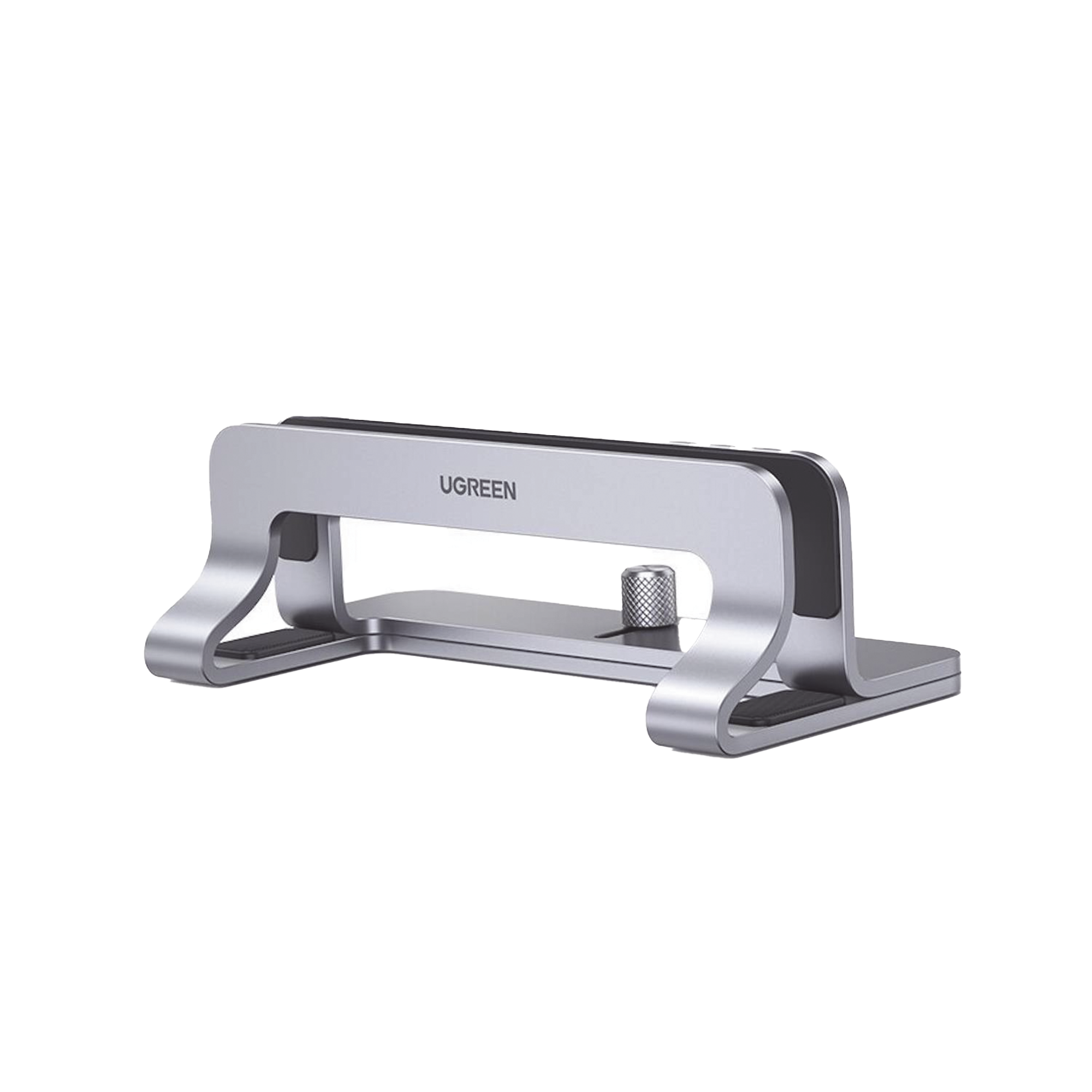 Soporte Vertical para Laptop | Adecuado para escritorio | Anchura Ajustable (12-26mm) | Amplia compatibilidad | Anti-Arañazos | Anti-Deslizante /Ajustable Mediante Tornillos | Color Plata | Aluminio + Silicona