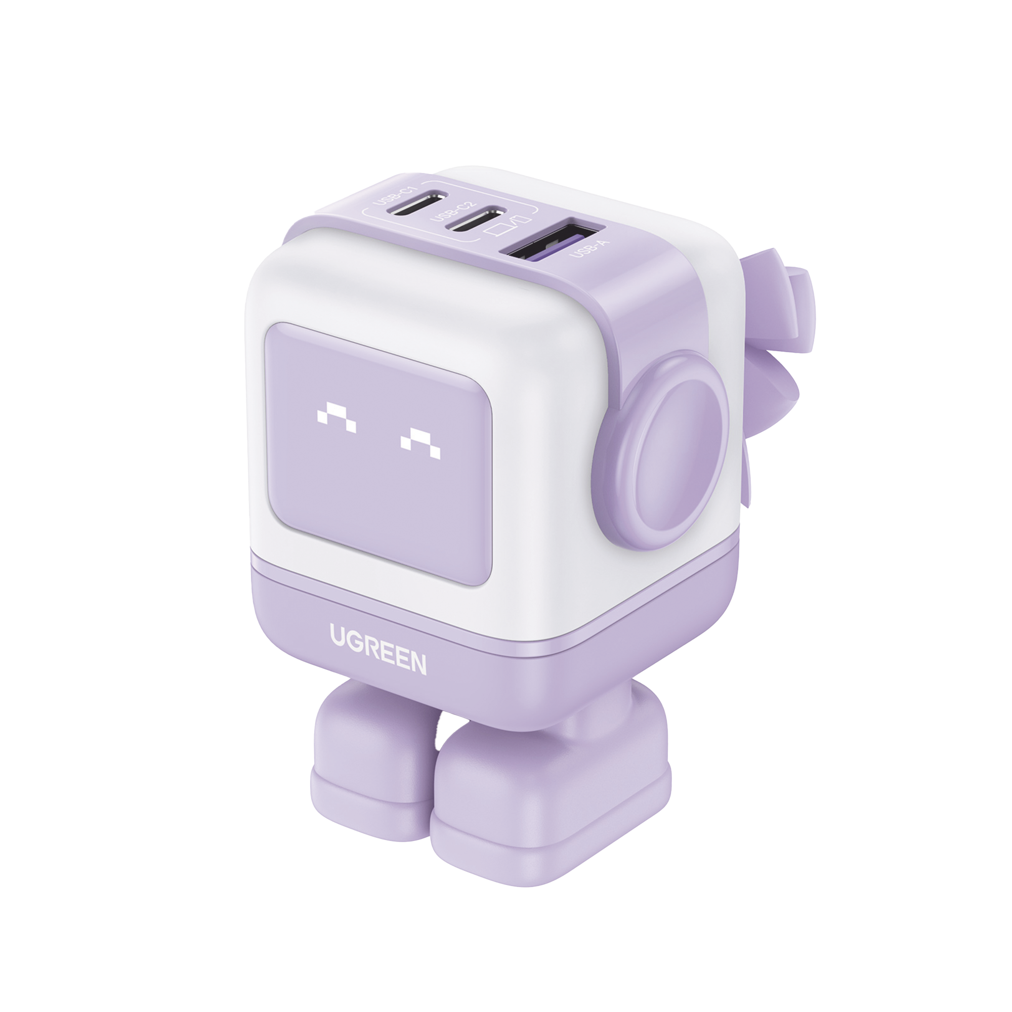 Cargador RobotGaN de 65W Serie UNO - 3 Puertos de Carga Rápida - 2 USB-C - 1 USB-A - PD 3.0 - QC 4.0 - Carga Inteligente - Tecnología GaN II - Zapato Magnético Extraíble - Carcasa Ignífuga - Pantalla LED