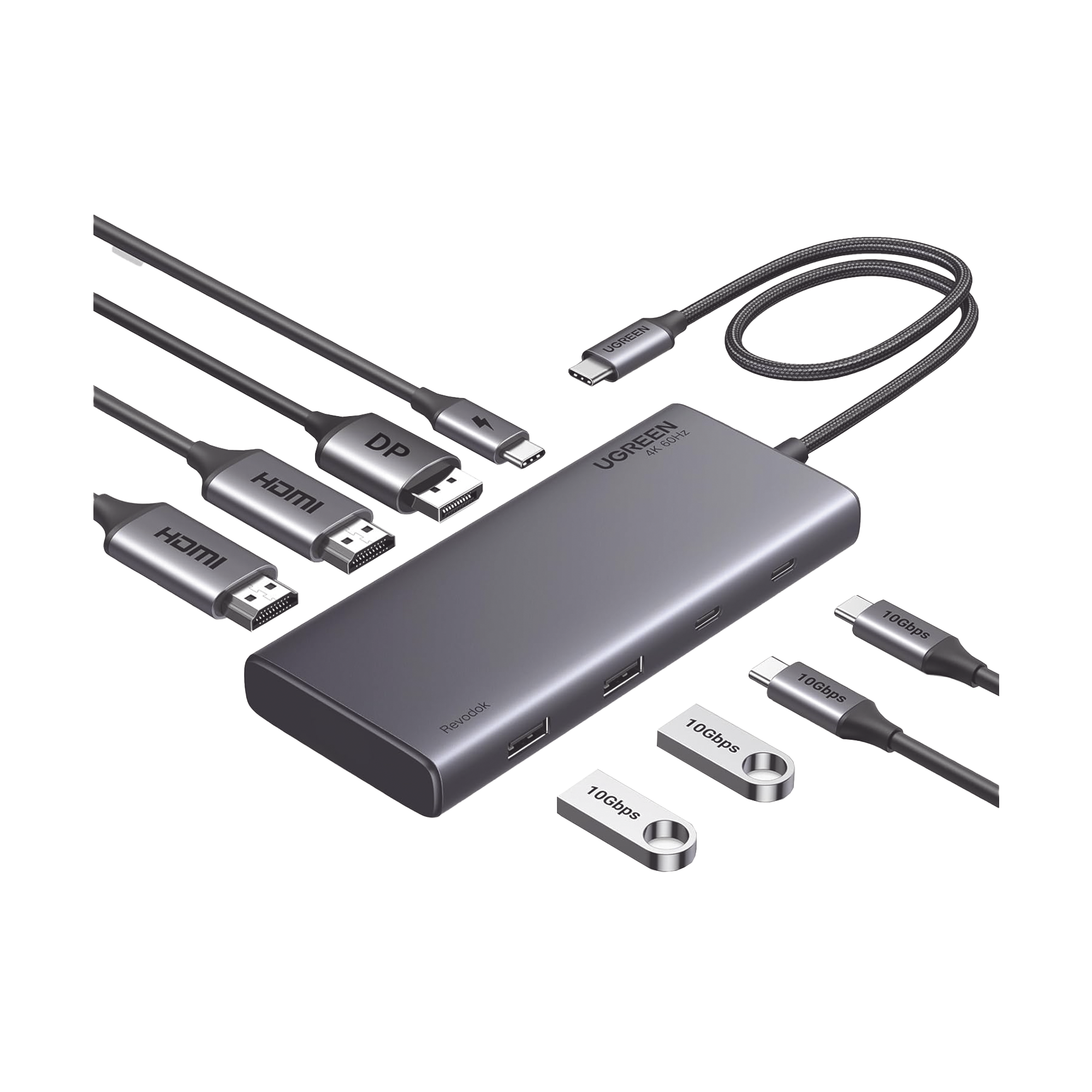 HUB USB-C (Docking Revodok 308) 8 en 1 - 2 Puertos HDMI 4K@60Hz - 1 Puerto DisplayPort 4K@60Hz 2 USB-A 10Gbps) - 2 USB-C (10Gbps) - USB-C PD Carga 100W - Chip de Ultima Generacion - Carcasa de Aluminio.