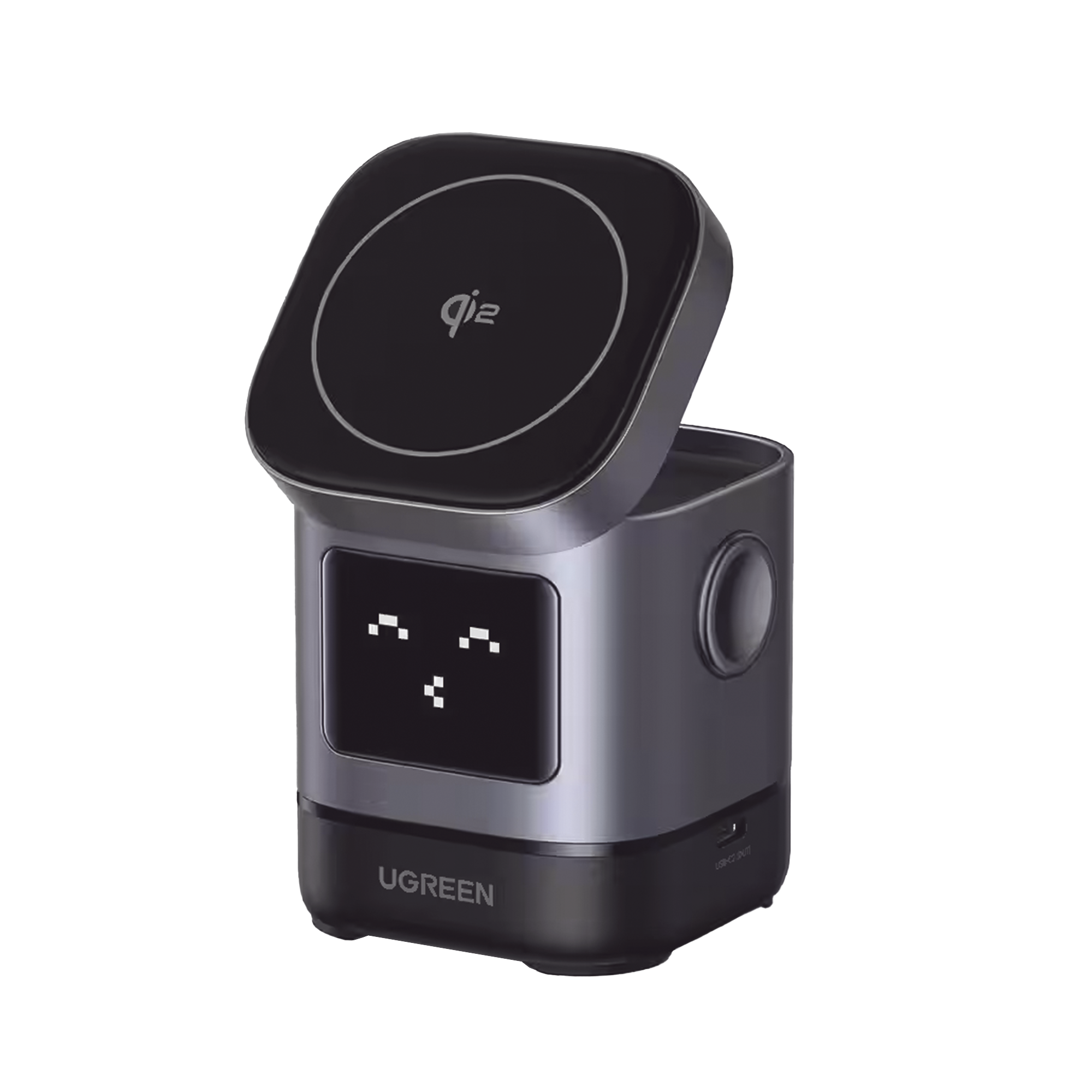 Cargador Inalámbrico Robot 2 en 1 UGREEN Qi2 | 15W Ultra Rápido para iPhone | 5W para AirPods | Pantalla Inteligente con Expresiones | Imanes N48H | Puerto USB-C 5W para Apple Watch | Compatibilidad MPP