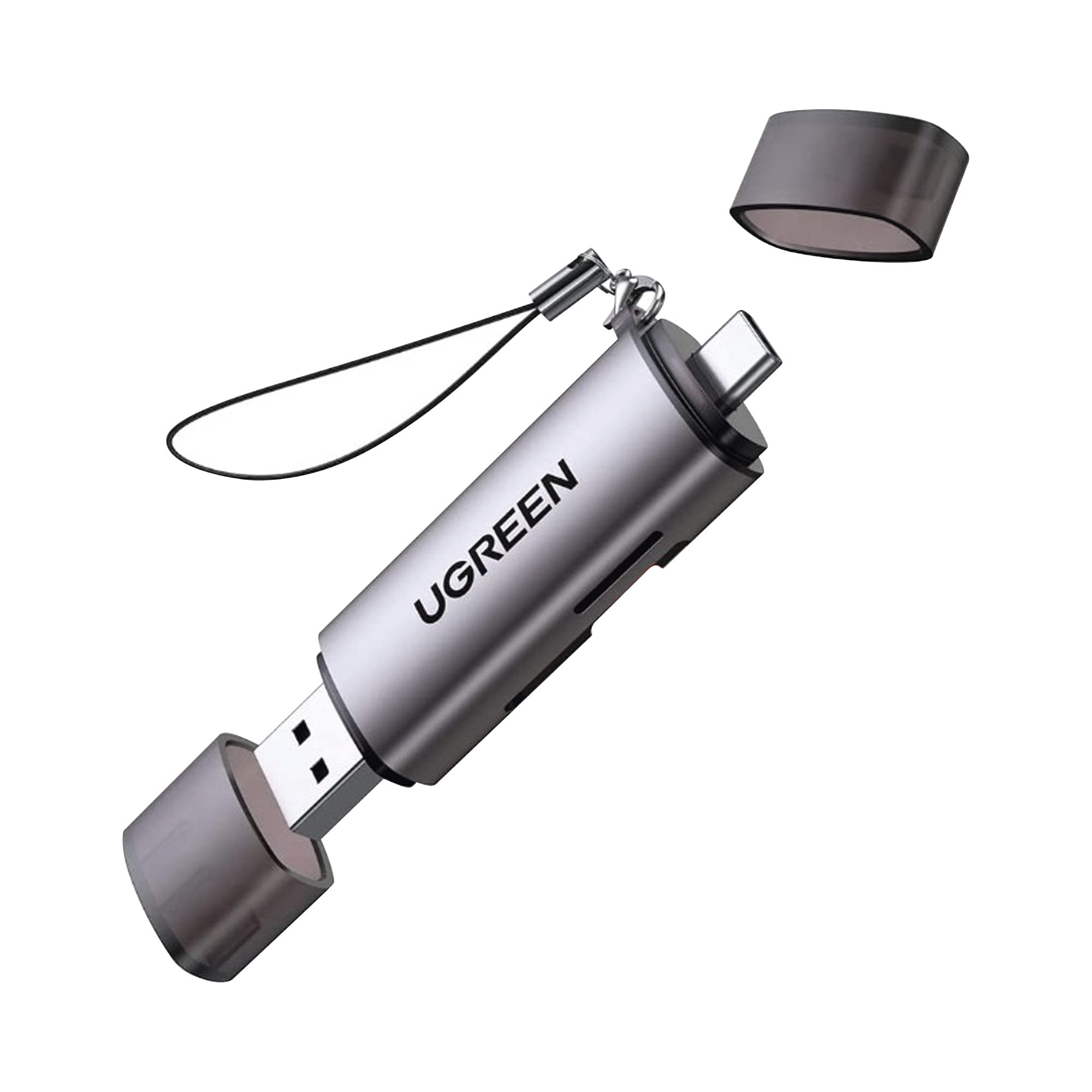 Lector de Tarjetas USB-C + USB-A a MicroSD (TF)/SD - OTG - USB-C 3.1 - 5Gbps - Soporta hasta 2TB - Soporta Windows/Mac OS/Linux/Android - Lectura de Tarjetas Simultánea - Caja de Aluminio - Llavero Anti-perdida.