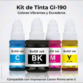 Kit Tintas GI-190 Black Cyan Magenta Yellow para Canon Pixma G1100 G1110 + Rendimiento Extra y Colores Brillantes + Envío Rápido ¡Calidad Premium!