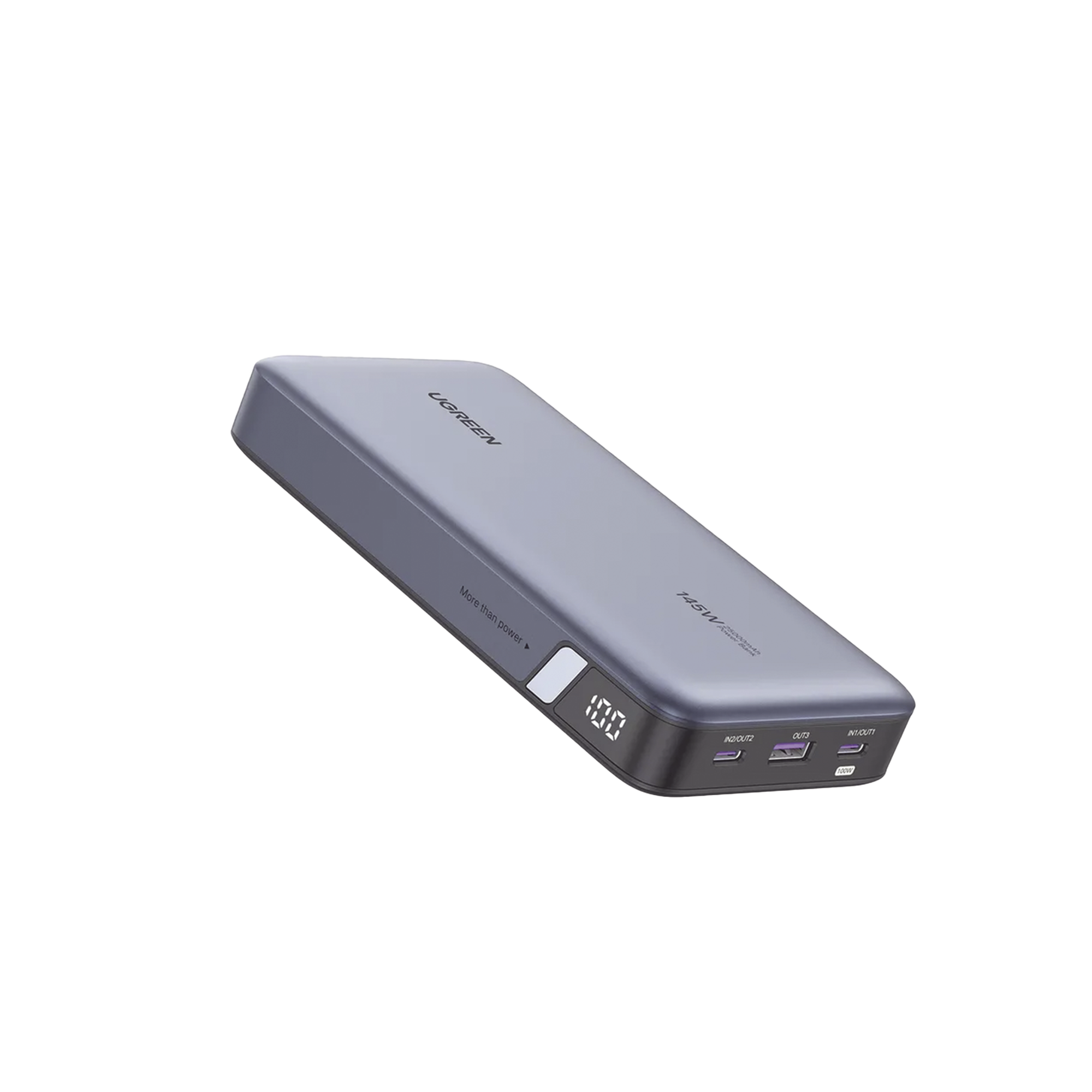 Power Bank de 25000mAh - 3 Salidas 145W Max. - USB-A + 2 USB-C - PD 3.0, QC3.0 - FCP - SCP - Pantalla Inteligente - Carcasa Ignifuga - Color Gris - Incluye Cable USB de 50cm - Carga tu Laptop de Manera Segura.