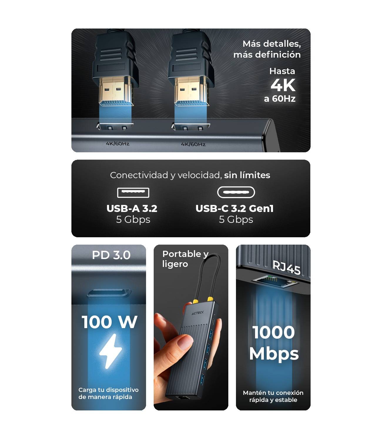 Hub USB 9 en 1 Acteck Nexus Dock Pro HN940 - Conectividad Múltiple Avanzada - Optimiza tu Espacio de Trabajo