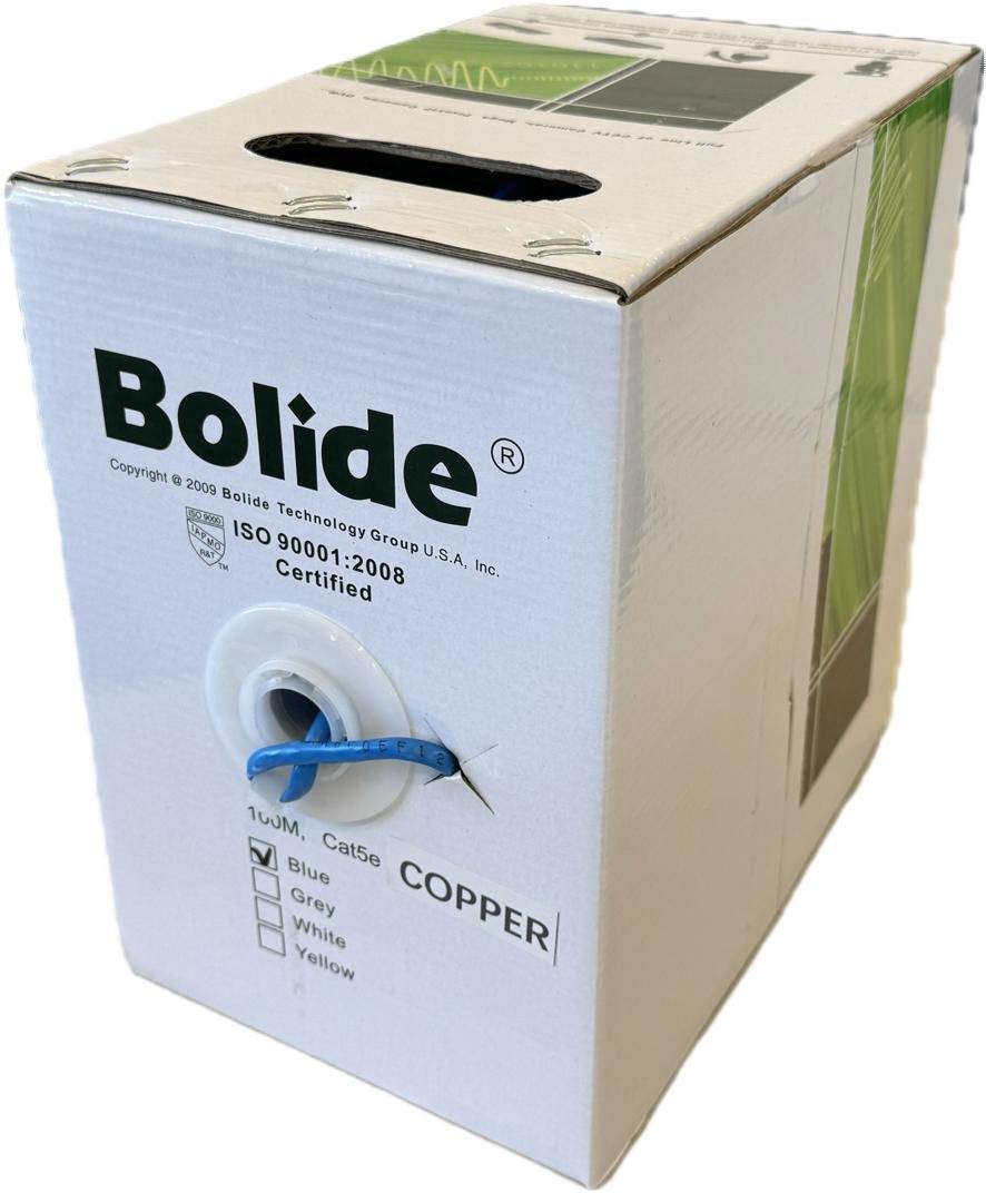 Cable de red UTP Bolide Categoría 5E BP0033/CAT5E/CMX-100 - bobina de 100 mts, calibre 23AWG, 100 cobre, 350Mhz, cubierta de PVC color Azul.