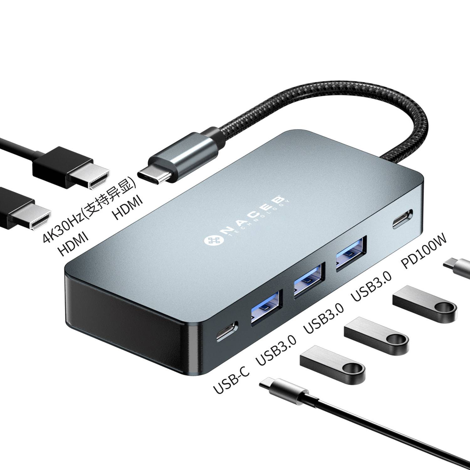 Adaptador Hub USB-C Naceb 7 en 1 Dual HDMI 4K, USB-C, PD 100W y 3x USB 3.0