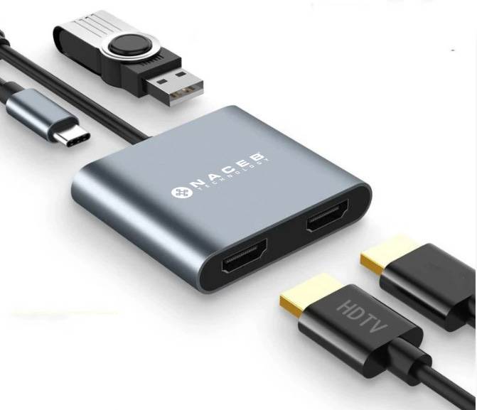 Adaptador Hub USB-C Naceb Dual HDMI 4K, USB 3.0 y Puerto de Carga PD 100W
