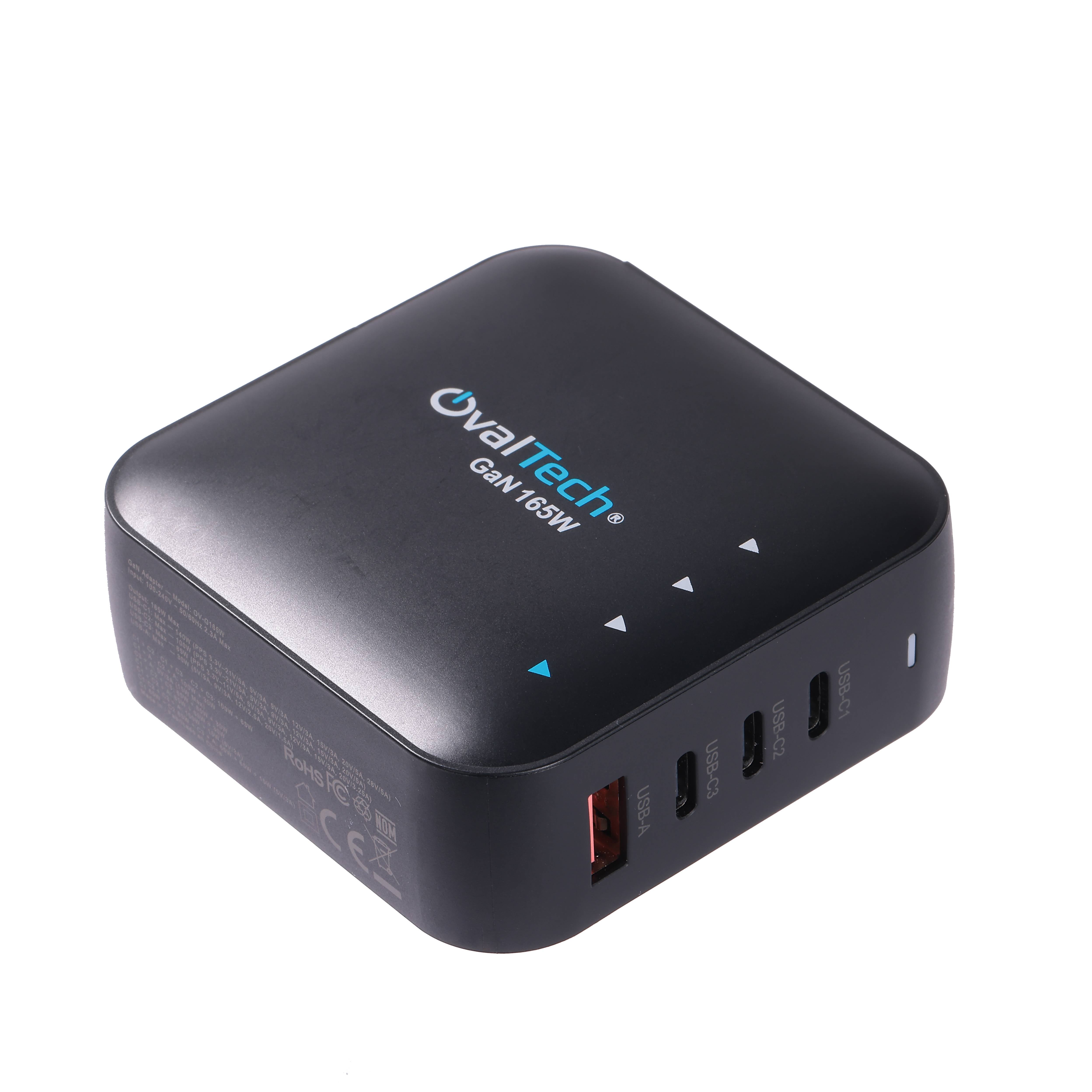 Adaptador de Corriente GaN Ovaltech OV-G165W de 165W con 3x USB-C y 1x USB-A Carga Ultra Rápida Multidispositivo Potencia Avanzada