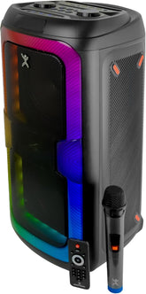 BOCINA INALAMBRICA BLUETOOTH PORTATIL RICROFOECARGABLE LUZ RGB CON MNO / CONTROL REMOTO FUNCION TWS DUAL 8 PULGADAS PERFECT CHOICE JOY - NEGRO