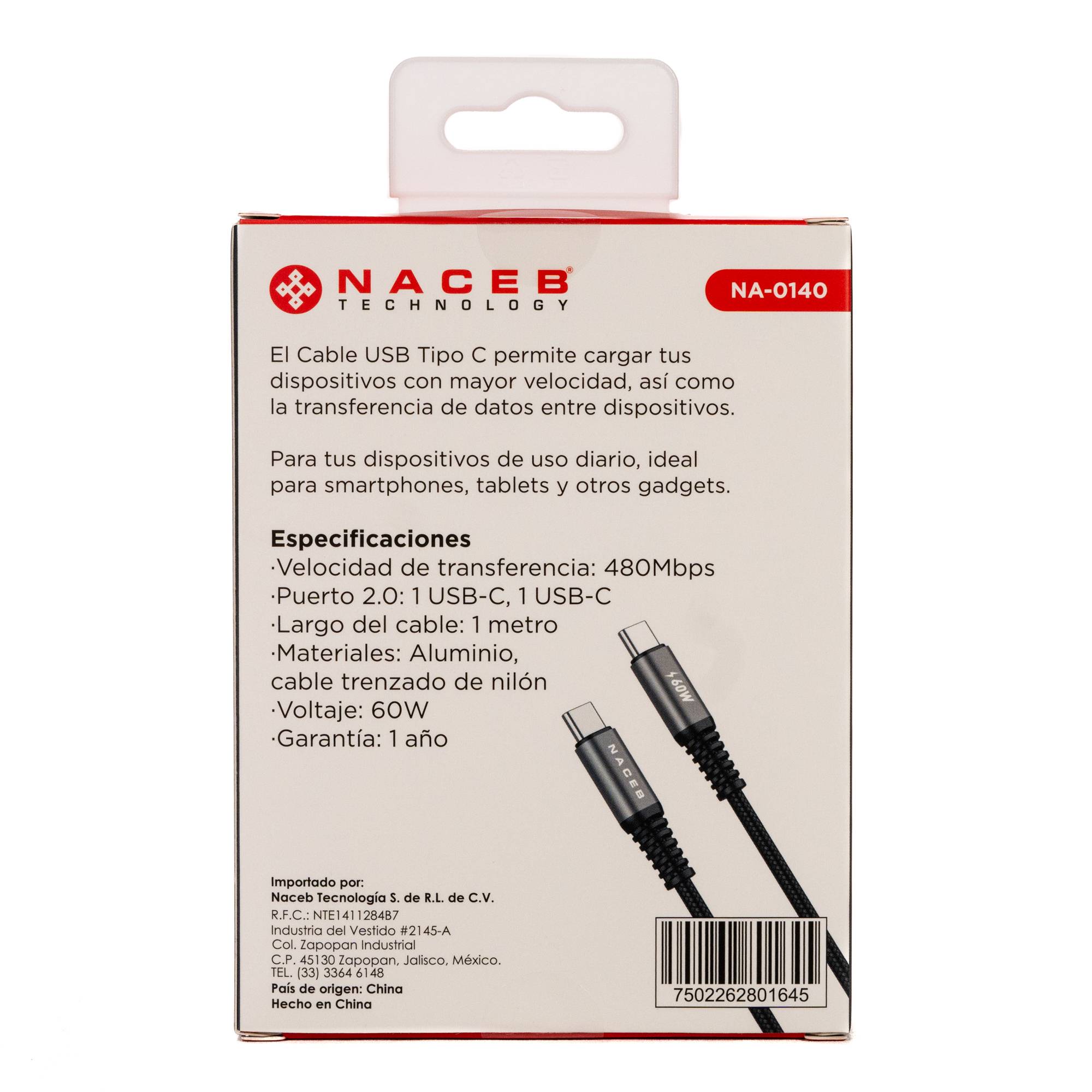Cable Tipo-C Naceb AC 60W 1M Carga Rápida y Transmisión de Datos