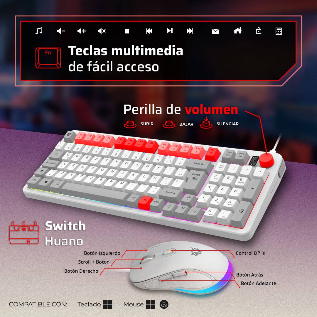 Kit Gamer Teclado y Mouse Balam Rush Squad Conquest KG515 - Iluminación RGB en Color Blanco - Estilo Único y Respuesta Rápida