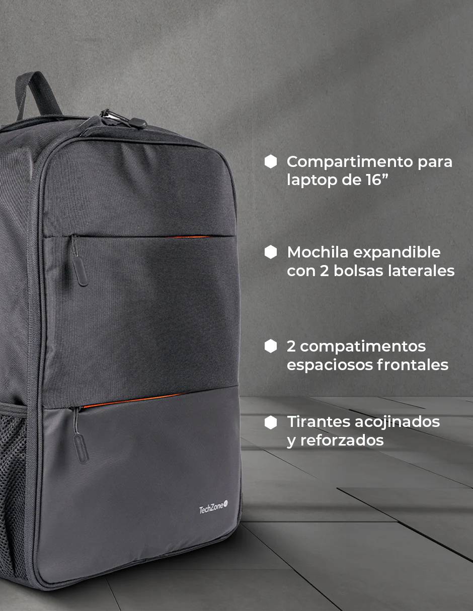Backpack EXPAND TechZone 16" Negra - Múltiples Compartimientos Expandibles - Protección con Garantía de por Vida - Espacio Inteligente