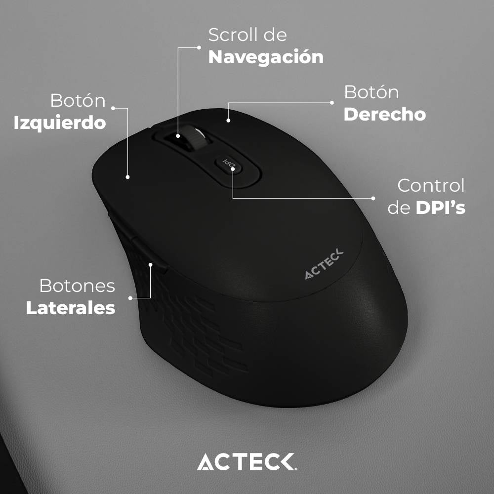Mouse Inalámbrico Acteck Optimize Flow MI480 - Bluetooth y USB 2.4GHz con 5 Botones - Navegación Fluida e Ergonomía