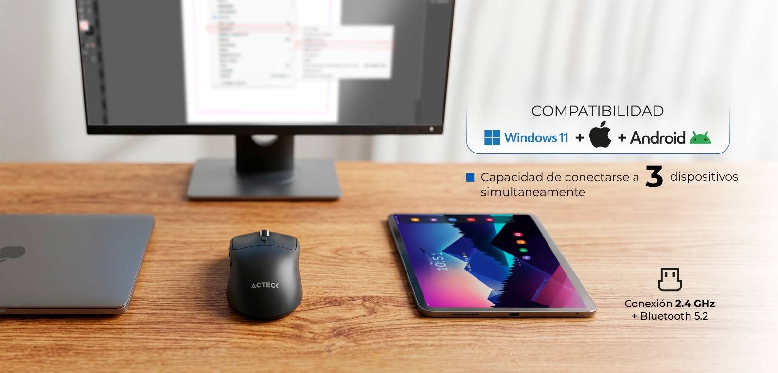Mouse Ergonómico Multidispositivo Instinct Click MI484 2.4Ghz + Bluetooth Batería Recargable y DPI Ajustable Negro