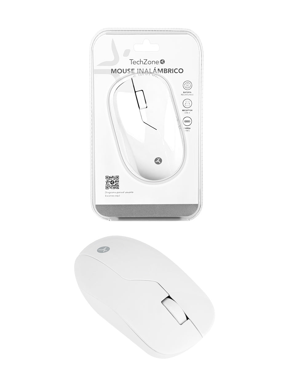 Mouse Inalámbrico ARMOR Recargable TechZone Blanco - Sensor 1200 DPI con 3 Botones - Batería Duradera y Diseño Limpio - Estilo Minimalista