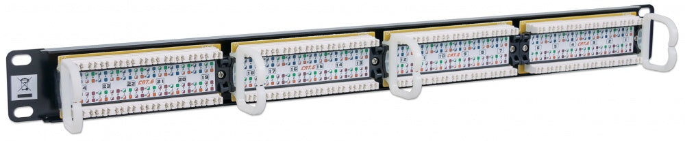 Panel de Parcheo Cat6 24 puertos 1U; Soporta cable trenzado sólido y multifilar de calibres 22 y 26 AWG. - 520959