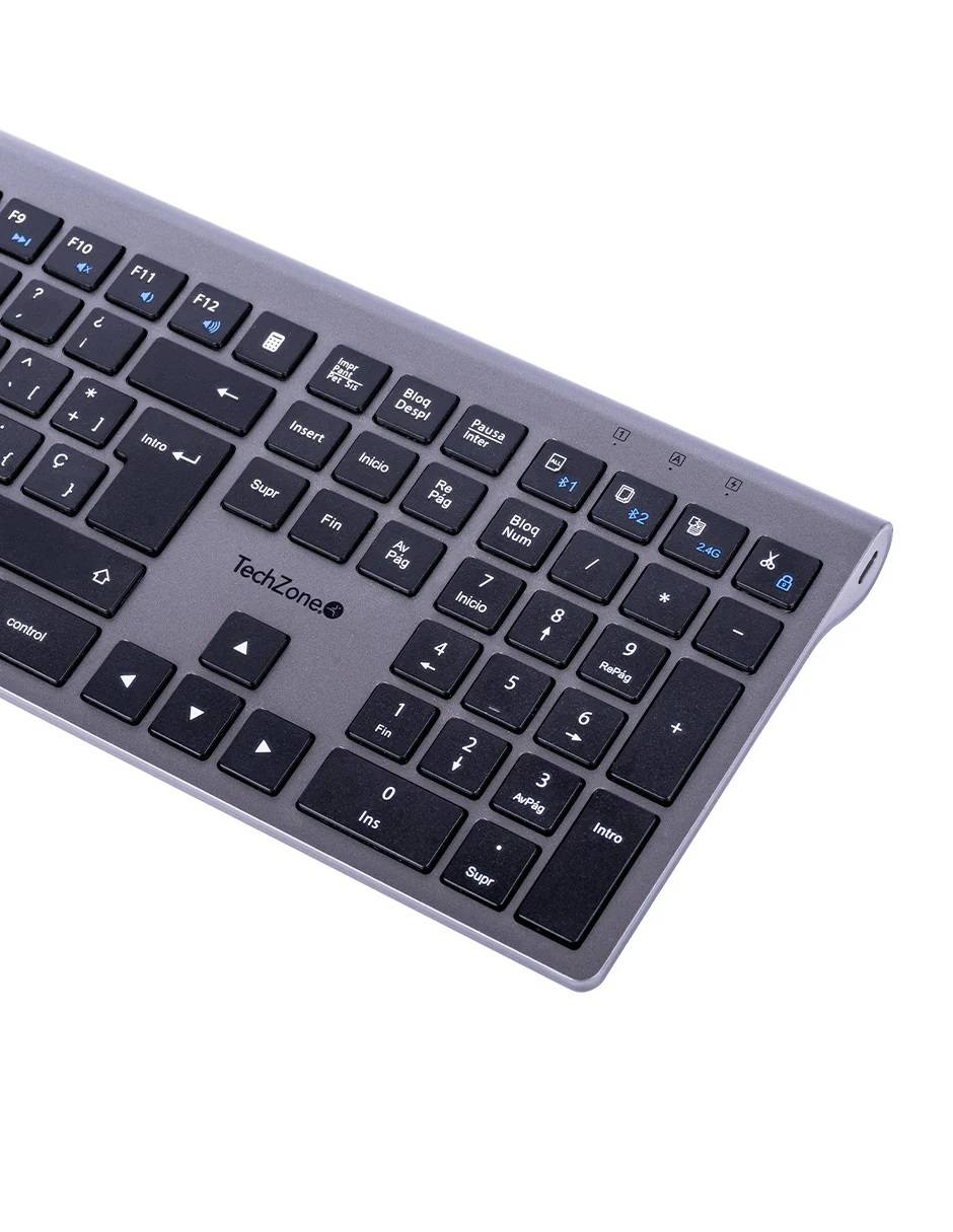 Teclado HEFESTOS Recargable TechZone TZACTCB01 - Conexión Bluetooth Multi-Dispositivo Plata - Compatible con Windows, Android y Mac - Elegancia Pura