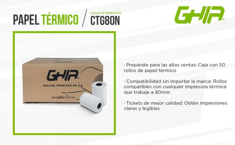 Caja Rollo Papel Termico Ghia 80x70 Mm, 50 Piezas, Para Impresoras De 80mm // Reaccion Negro Caja Rollo Papel Termico Ghia 80x70 Mm, 50 Piezas, Para Impresoras De 80mm // Reaccion Negro
