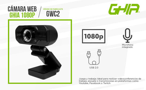 Camara Web Ghia Full Hd 1080p, Enfoque Automatico, Microfono Integrado Via Usb 2.0, Base Ajustable, Color Negro Camara Web Ghia Full Hd 1080p, Enfoque Automatico, Microfono Integrado Via Usb 2.0, Base Ajustable, Color Negro