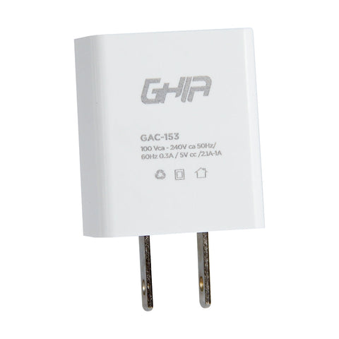 Cargador de Pared Ghia con dos Salidas Usb 2.1ª, 1.0a Cargador de Pared Ghia con dos Salidas Usb 2.1ª, 1.0a