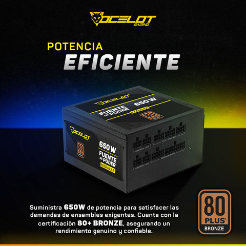 Fuente de poder Ocelot Gaming OPS650. Formato ATX, 650 Watts de potencia, Modular, certificación  80+ Bronze. Fuente de poder Ocelot Gaming OPS650. Formato ATX, 650 Watts de potencia, Modular, certificación  80+ Bronze.