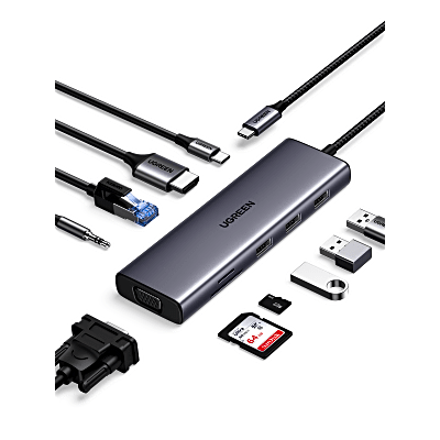 Hub USB-C 10 en 1 | HDMI 4K@30Hz + VGA 1920x1200 | 3x USB 3.0 5Gbps | Ethernet Gigabit | SD/TF Card Reader | PD 100W | Audio 3.5mm | Doble Pantalla Simultánea | Plug & Play Universal