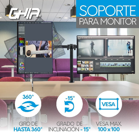 Soporte Ghia Para 2 Monitores, Para Montaje A Mesa O Escritorio, Doble Brazo Articulado, Hasta 32 Pulgadas, Hasta 10kg Por Brazo Soporte Ghia Para 2 Monitores, Para Montaje A Mesa O Escritorio, Doble Brazo Articulado, Hasta 32 Pulgadas, Hasta 10kg Por Brazo