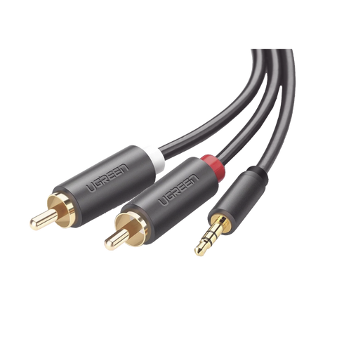 Cable Adaptador de 3.5mm Macho a 2 RCA Macho | 5 Metros (16.40 Pies) | Color Gris | Blindaje Múltiple | ABS | Alta Calidad