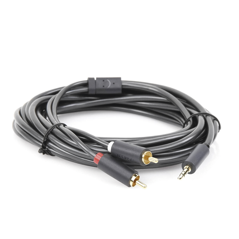 Cable Adaptador de 3.5mm Macho a 2 RCA Macho | 5 Metros (16.40 Pies) | Color Gris | Blindaje Múltiple | ABS | Alta Calidad