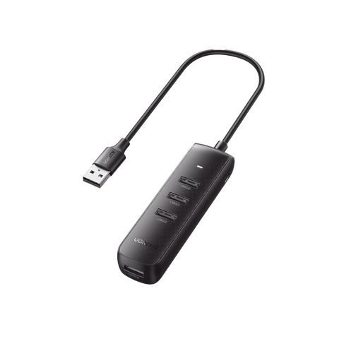 HUB USB-A 3.0 4 en 1 - 4 Puertos USB-A 3.0 (5Gbps) - Cable de 25 cm - Indicador Led - Ideal para Transferencia de Datos - Entrada USB-C para alimentar equipos de mayor consumo como discos duros - Color Negro.