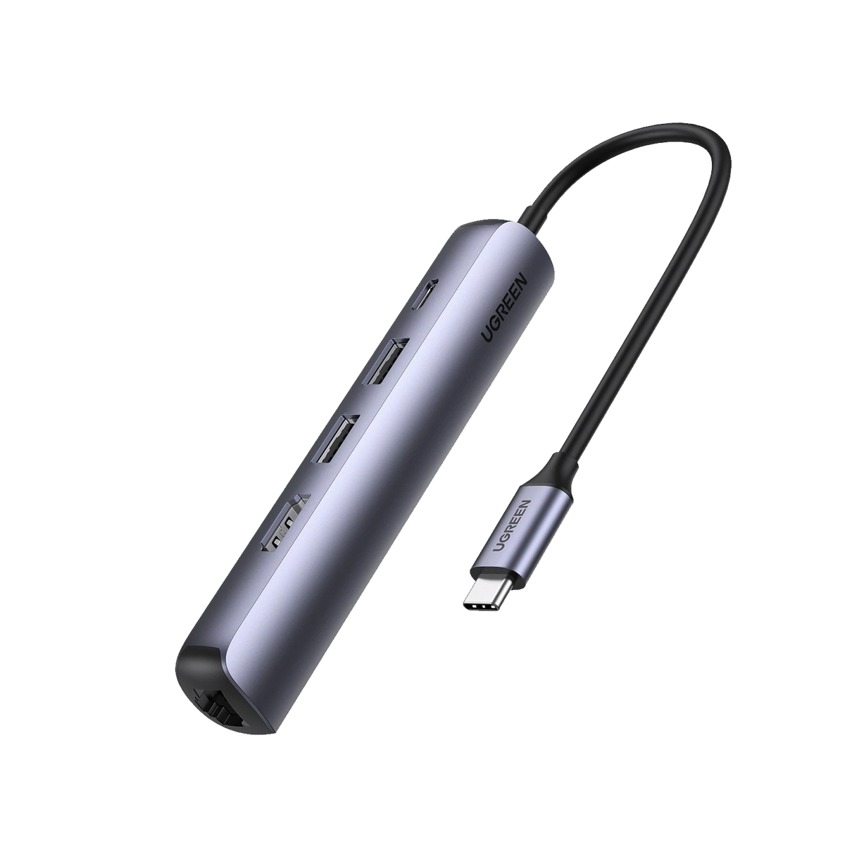 HUB USB-C (Docking Station) 5 en 1 - Ultra Delgado - 2 USB-A 3.1 a (5 Gbps) - HDMI 4K@60Hz - RJ45 (Gigabit Ethernet) - USB-C PD Carga Rápida 100W - Soporta OTG - Chips Inteligentes - Pequeño y Ligero - Caja de Aluminio.