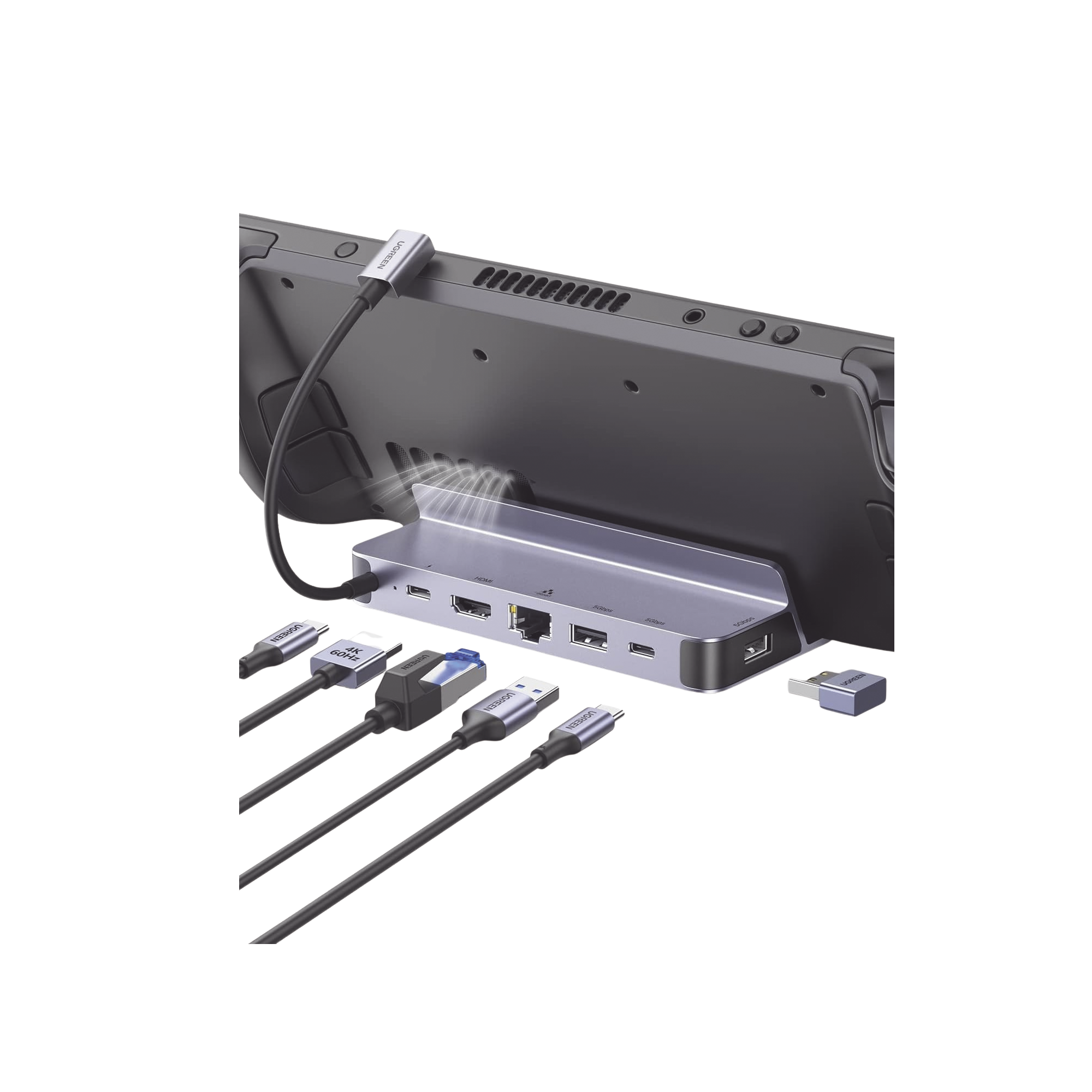 HUB USB-C (Docking Revodok Pro) 6 en 1 - Soporte para Steam Deck - 2 USB-A 3.0 (5Gbps) - USB-C 3.0 (5Gbps) - RJ45 (Gigabit Ethernet) - HDMI 2.0 4K@60Hz - USB-C PD Carga 100W - Carcasa de Aluminio.