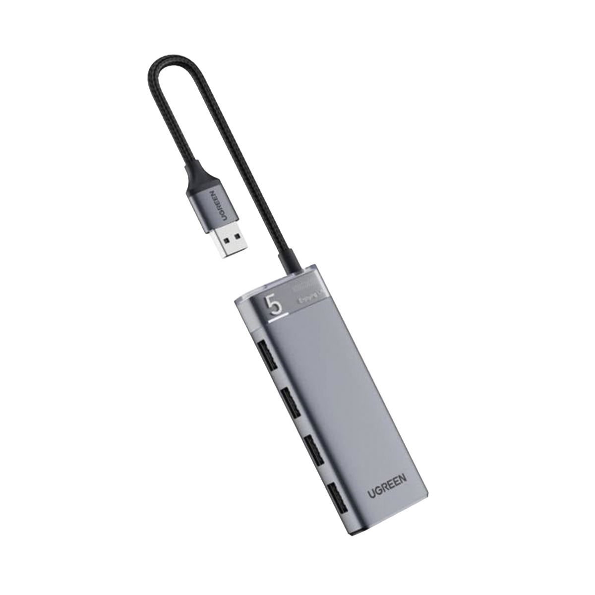 HUB USB-A 3.2 Gen1 4 EN 1 - 4 Puertos USB-A (5Gbps) - Carcasa ABS + PC - Soporta OTG - Luz Indicadora LED - Cable de Nylon Trenzado de 20cm (Mas de 20000 flexiones) - Interfaz Niquelada - Color Gris Metalizado.