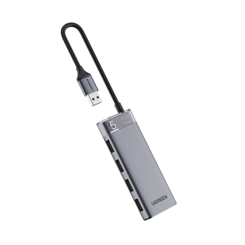 HUB USB-A 3.2 Gen1 4 EN 1 - 4 Puertos USB-A (5Gbps) - Carcasa ABS + PC - Soporta OTG - Luz Indicadora LED - Cable de Nylon Trenzado de 20cm (Mas de 20000 flexiones) - Interfaz Niquelada - Color Gris Metalizado.