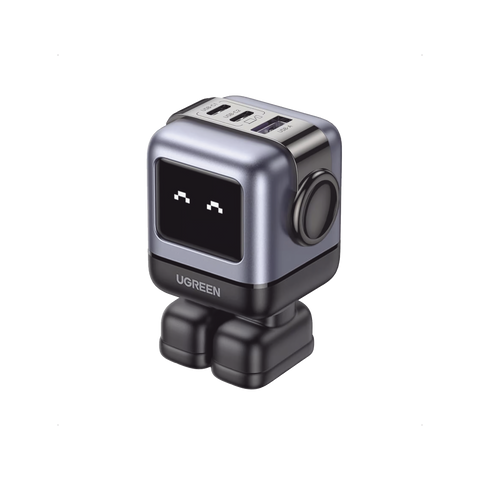 Cargador RobotGaN de 65W Serie UNO - 3 Puertos de Carga Rápida - 2 USB-C - 1 USB-A - PD 3.0 - QC 4.0 - Carga Inteligente - Tecnología GaN II - Zapato Magnético Extraíble - Carcasa Ignífuga - Pantalla LED