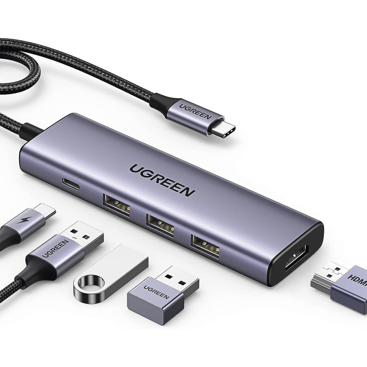 HUB USB-C (Docking Station) 5 en 1 - HDMI 2.0 4K@30Hz - 3 USB-A 3.0 (5Gbps) - USB-C PD Carga 100W - Potente Disipación de Calor - Chip de Ultima Generación - Cable de Nylon Trenzado de 25 cm - Carcasa de Aluminio.