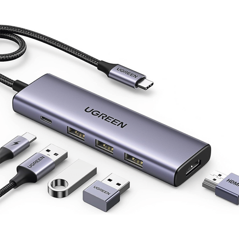 HUB USB-C (Docking Station) 5 en 1 - HDMI 2.0 4K@30Hz - 3 USB-A 3.0 (5Gbps) - USB-C PD Carga 100W - Potente Disipación de Calor - Chip de Ultima Generación - Cable de Nylon Trenzado de 25 cm - Carcasa de Aluminio.