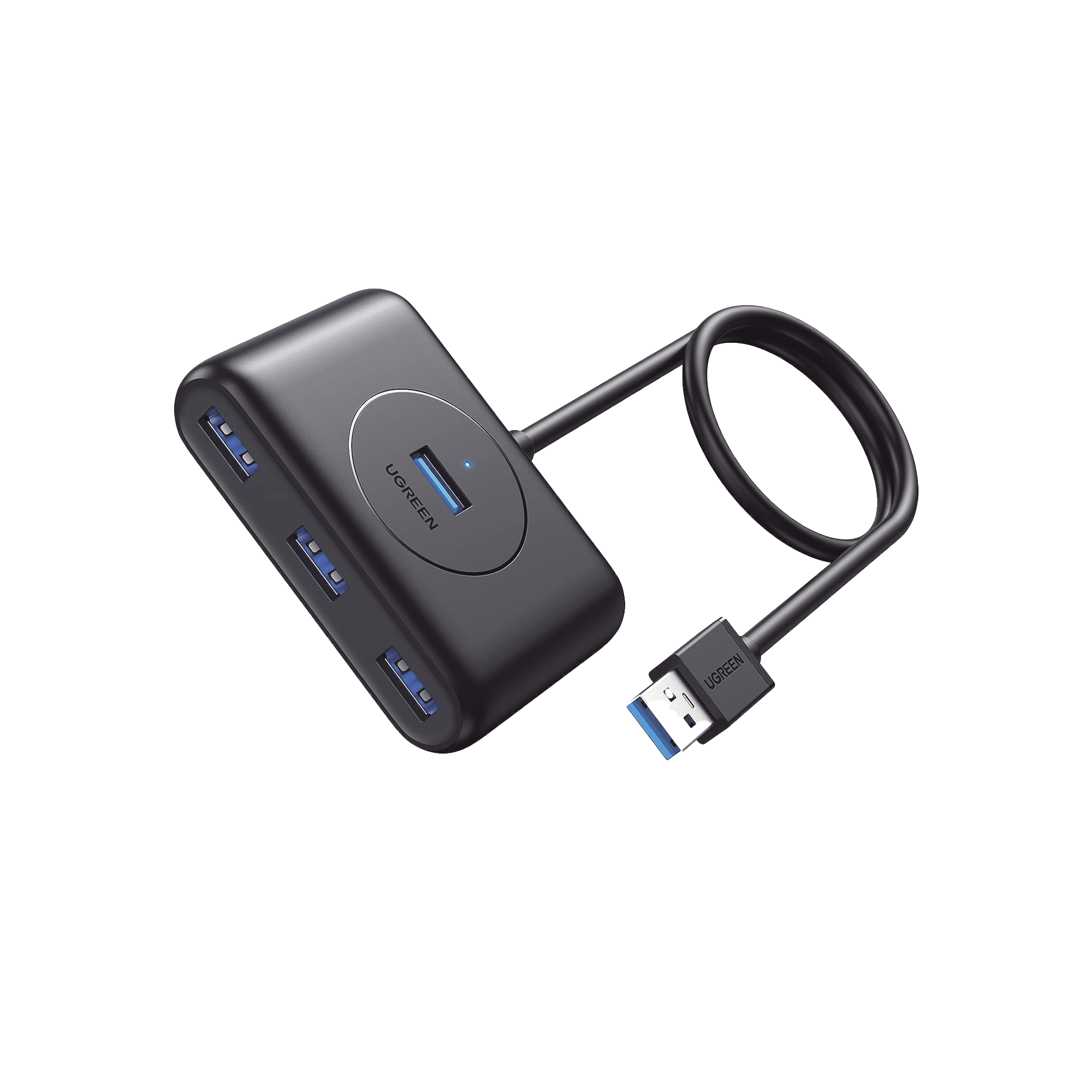 HUB USB-A 3.0 4 en 1 - 4 Puertos USB-A 3.0 (5Gbps) - Entrada USB-C (PD 5V2A) - Cable de 1 Metro - Indicador Led - Ideal para Transferencia de Datos - Entrada USB-C para alimentar equipos de mayor consumo - Color Negro.