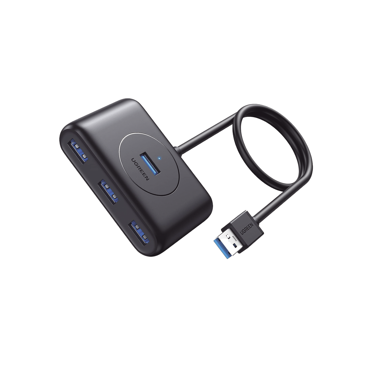 HUB USB-A 3.0 4 en 1 - 4 Puertos USB-A 3.0 (5Gbps) - Entrada USB-C (PD 5V2A) - Cable de 1 Metro - Indicador Led - Ideal para Transferencia de Datos - Entrada USB-C para alimentar equipos de mayor consumo - Color Negro.