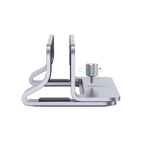 Soporte Vertical para Laptop | Adecuado para escritorio | Anchura Ajustable (12-26mm) | Amplia compatibilidad | Anti-Arañazos | Anti-Deslizante /Ajustable Mediante Tornillos | Color Plata | Aluminio + Silicona