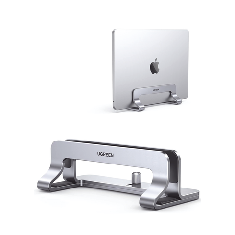 Soporte Vertical para Laptop | Adecuado para escritorio | Anchura Ajustable (12-26mm) | Amplia compatibilidad | Anti-Arañazos | Anti-Deslizante /Ajustable Mediante Tornillos | Color Plata | Aluminio + Silicona