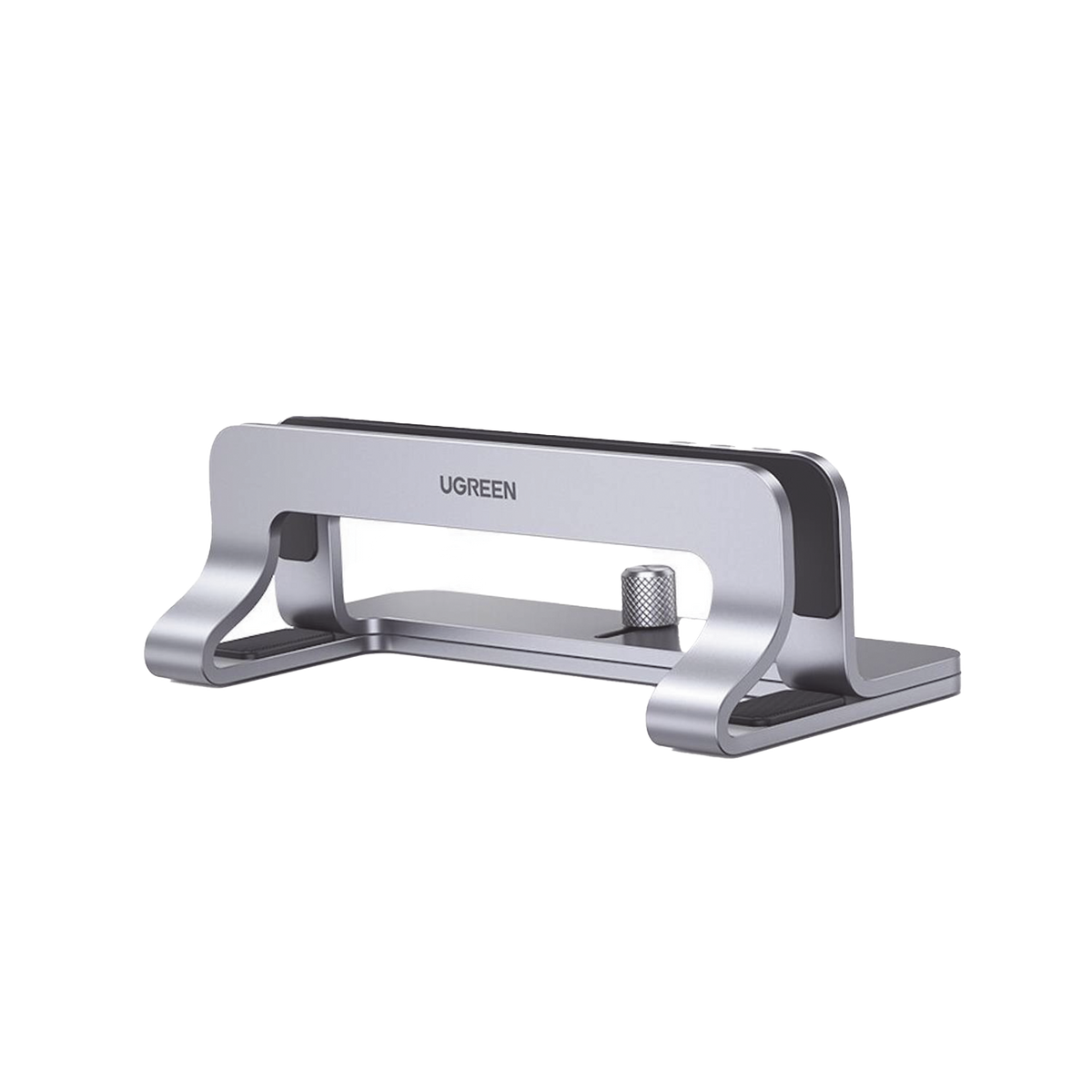 Soporte Vertical para Laptop | Adecuado para escritorio | Anchura Ajustable (12-26mm) | Amplia compatibilidad | Anti-Arañazos | Anti-Deslizante /Ajustable Mediante Tornillos | Color Plata | Aluminio + Silicona