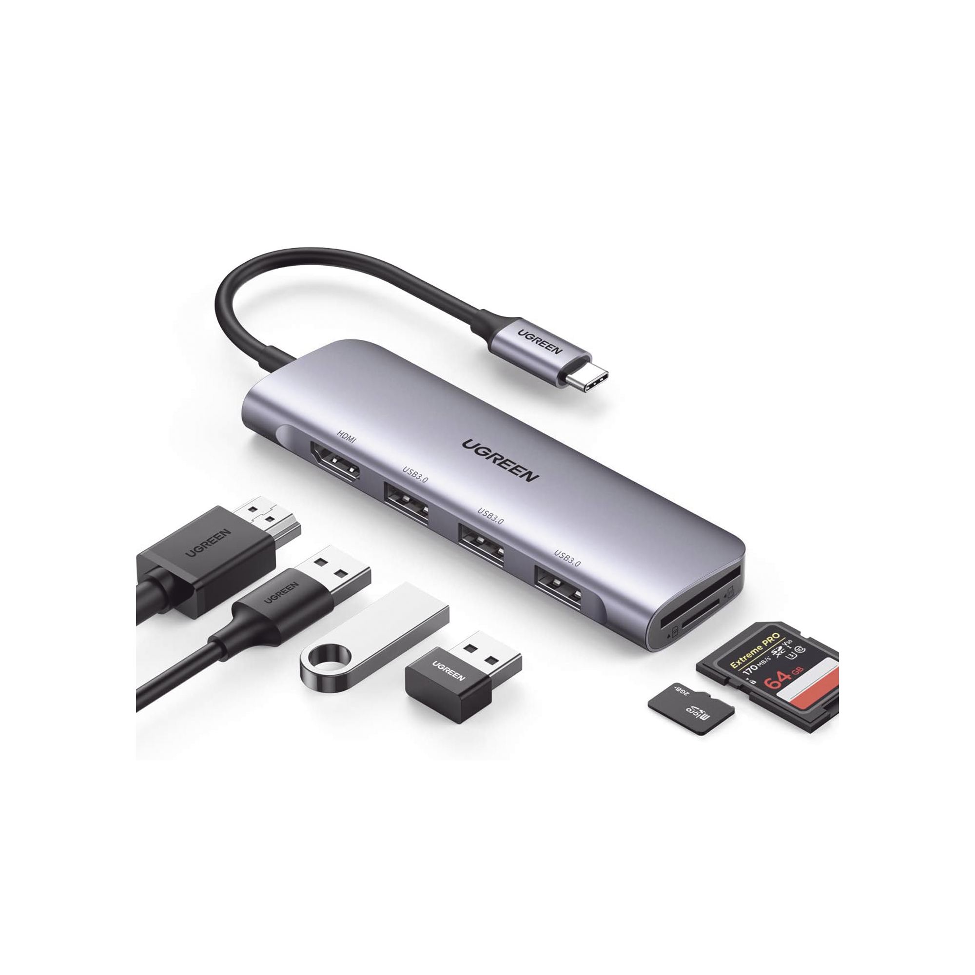 HUB USB-C (Docking Station) 6 en 1 - HDMI 4K@30Hz - 3 Puertos USB 3.0 - Lector Tarjeta SD + Micro SD (TF) Uso Simultáneo - Chip de Última Generación - Potente Disipación de Calor - Caja de Aluminio.