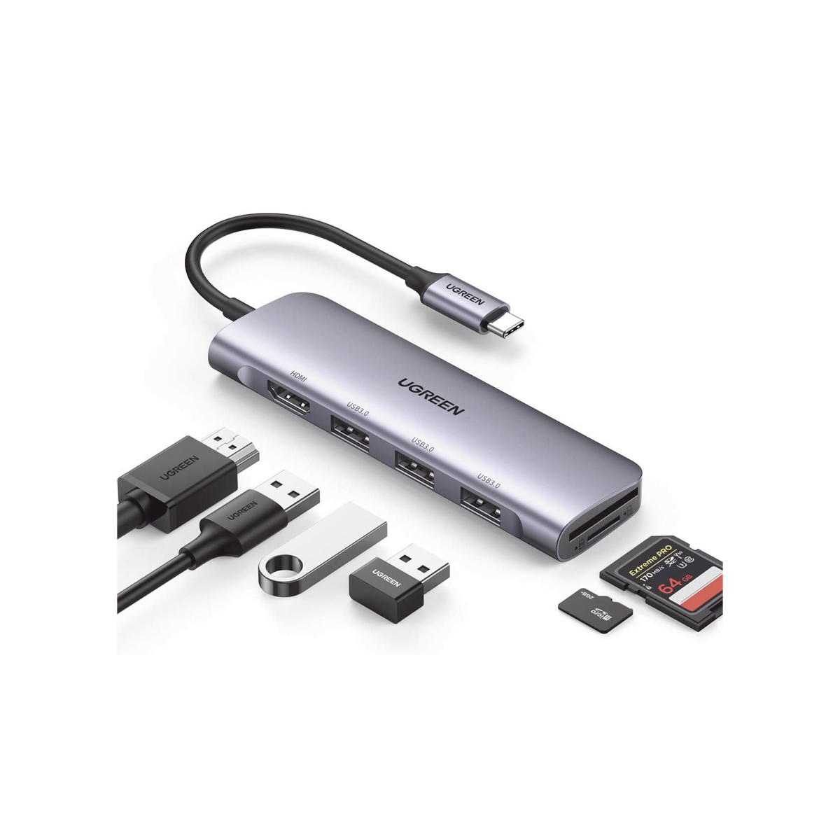 HUB USB-C (Docking Station) 6 en 1 - HDMI 4K@30Hz - 3 Puertos USB 3.0 - Lector Tarjeta SD + Micro SD (TF) Uso Simultáneo - Chip de Última Generación - Potente Disipación de Calor - Caja de Aluminio.