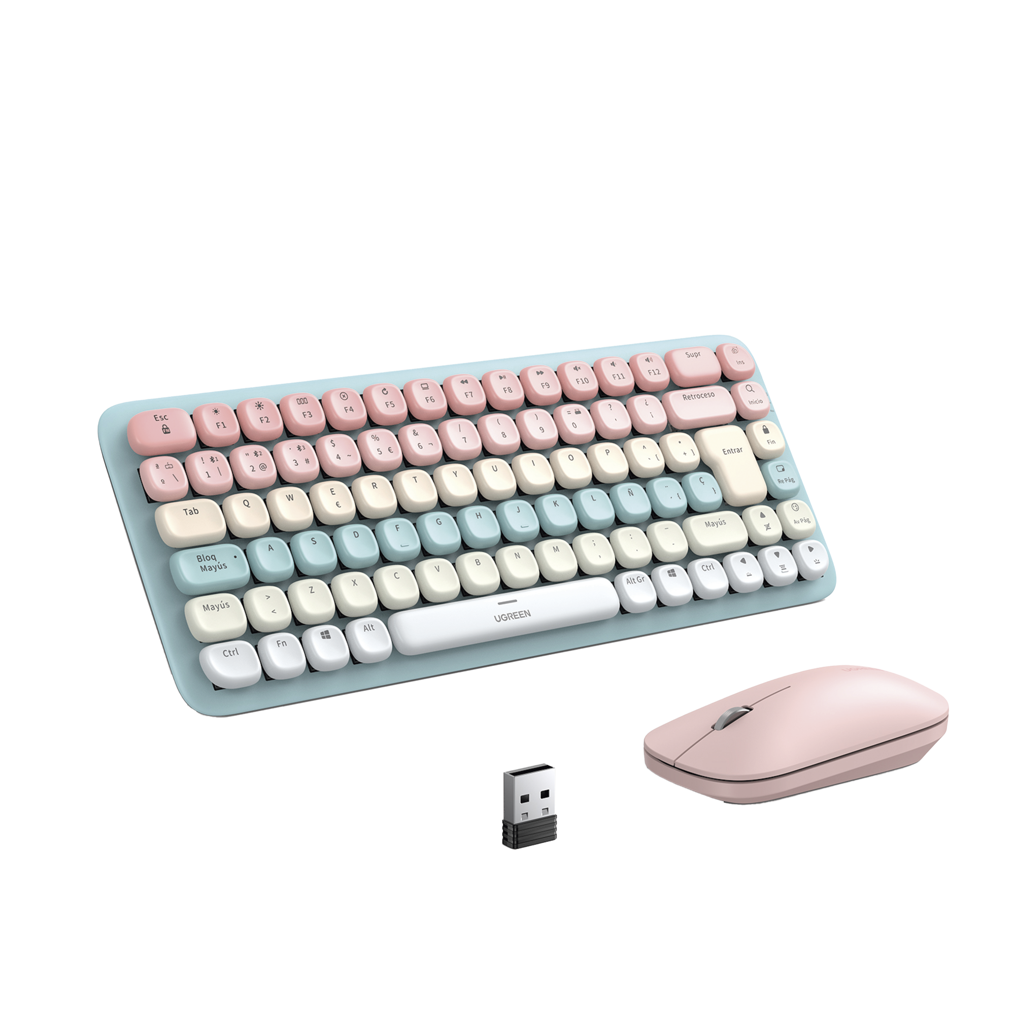 Paquete de Teclado y Mouse - 85 teclas en Español - Bluetooth y 2.4GHz - Mouse Ambidiestro - Sensor de DPI ajustable - Efectos de Iluminación del Teclado - Amplia compatibilidad - Color Rosa.