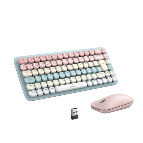 Paquete de Teclado y Mouse - 85 teclas en Español - Bluetooth y 2.4GHz - Mouse Ambidiestro - Sensor de DPI ajustable - Efectos de Iluminación del Teclado - Amplia compatibilidad - Color Rosa.