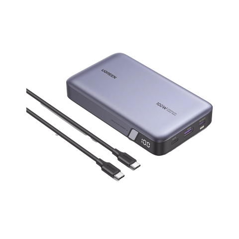 Power Bank de 20000mAh - 3 Salidas 100W Max. - USB-A + 2 USB-C - PD 3.0 - QC3.0 - FCP - SCP - Pantalla Inteligente - Carcasa Ignifuga - Color Gris - Incluye Cable USB de 50cm - Carga tu Laptop de Manera Segura.